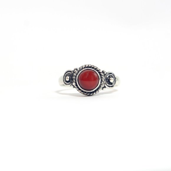 Silver Natural Carnelian Indie Roped Halo Health Luck Royalty Ring Size 5 - Picture 2 of 7